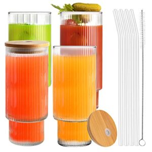 vozoka ribbed glassware, set of 4 ribbed glasses, 16 oz vintage drinking glasses, glass cup with lids and straws, reusable iced coffee glass cups, ideal for coffee, juice, beer, whiskey, gift
