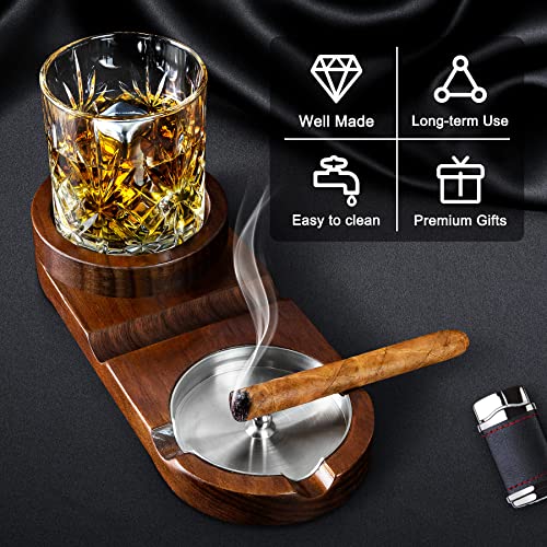 Monsiter QE Cigar Ashtrays, Whiskey Glass Tray and Cigar Holder for Indoor Outdoor, Wooden Ash Tray Detachable Ashtray for Cigarettes, Cigar Accessories Decor for Home Office Cigar Gifts for Men