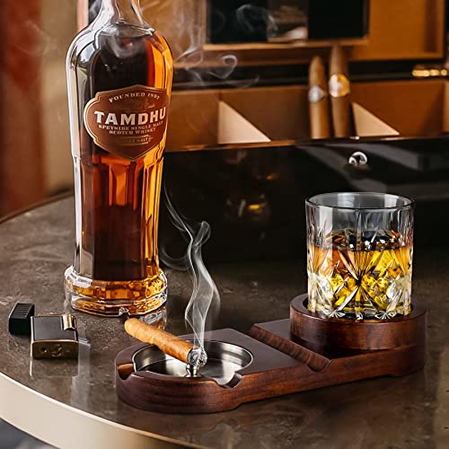 Monsiter QE Cigar Ashtrays, Whiskey Glass Tray and Cigar Holder for Indoor Outdoor, Wooden Ash Tray Detachable Ashtray for Cigarettes, Cigar Accessories Decor for Home Office Cigar Gifts for Men