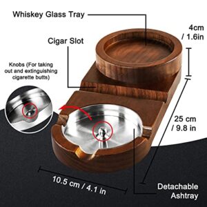 Monsiter QE Cigar Ashtrays, Whiskey Glass Tray and Cigar Holder for Indoor Outdoor, Wooden Ash Tray Detachable Ashtray for Cigarettes, Cigar Accessories Decor for Home Office Cigar Gifts for Men