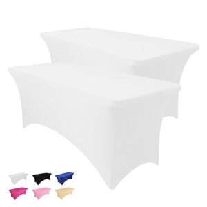 iofryion 2 pack 6ft table cloth for rectangular tablecloth white stretch fitted table cover spandex tablecloths table protector for event, cocktail, wedding, banquet or parties