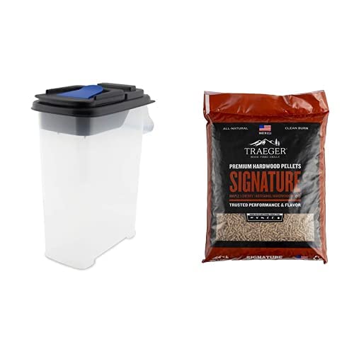 Broil King 66900 Pellet Storage Bin, Black, Clear & Traeger Grills Signature Blend 100% All-Natural Wood Pellets for Smokers and Pellet Grills, BBQ, Bake, Roast, and Grill, 20 lb. Bag