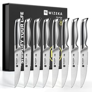 wizeka steak knives set of 8, german 1.4116 stainless steel 4.5 inches serrated straight edge steak knife set, dishwasher safe one piece design knife set of steak with gift box