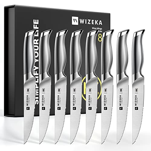 WIZEKA Steak Knives Set of 8, German 1.4116 Stainless Steel 4.5 Inches Serrated Straight Edge Steak Knife Set, Dishwasher Safe One Piece Design Knife Set of Steak with Gift Box