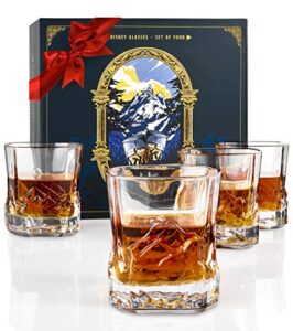 edelweisspeak bourbon glasses set of 4 in a gift-ready box - heavy whiskey glasses set of 4 with mountains on sides - scotch glasses set 4 - mt everest expedition whiskey gifts for men series