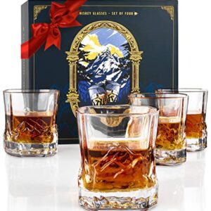 EdelweissPeak Bourbon Glasses Set of 4 in a Gift-Ready Box - Heavy Whiskey Glasses set of 4 with Mountains on Sides - Scotch Glasses Set 4 - mt Everest Expedition Whiskey Gifts for Men Series