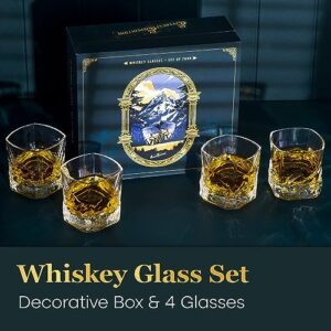 EdelweissPeak Bourbon Glasses Set of 4 in a Gift-Ready Box - Heavy Whiskey Glasses set of 4 with Mountains on Sides - Scotch Glasses Set 4 - mt Everest Expedition Whiskey Gifts for Men Series