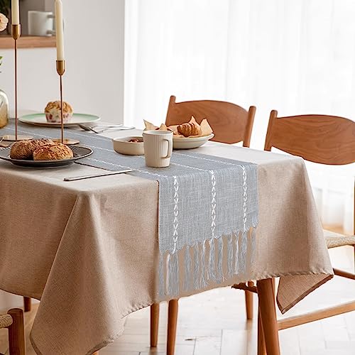 Fixwal 72 Inches Linen Table Runner, Rustic Tassel Embroidered Table Runner, Boho Farmhouse Style Braided Table Decoration for Wedding, Party, Picnic and Birthday (Dusty Blue)