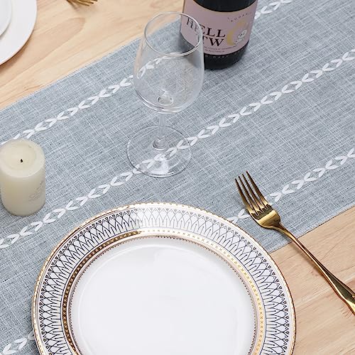 Fixwal 72 Inches Linen Table Runner, Rustic Tassel Embroidered Table Runner, Boho Farmhouse Style Braided Table Decoration for Wedding, Party, Picnic and Birthday (Dusty Blue)