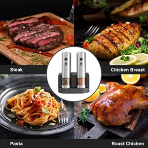 Electric Salt and Pepper Grinder Set Rechargeable, Large Capacity Automatic Pepper Mill with LED Light and Upgraded Charge Base, 304 Stainless Steel, Adjustable Coarseness,One Handed Operation 2 Pack