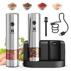 electric salt and pepper grinder set rechargeable, large capacity automatic pepper mill with led light and upgraded charge base, 304 stainless steel, adjustable coarseness,one handed operation 2 pack