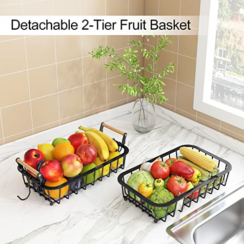 2 Tier Fruit Basket Bowl with 2 Banana Hangers for Kitchen Counter, Metal Countertop Fruits Produce Storage Basket Holder, Large Fruit Vegetable Stand Organizer for Bread Snack Veggies Potato, Black