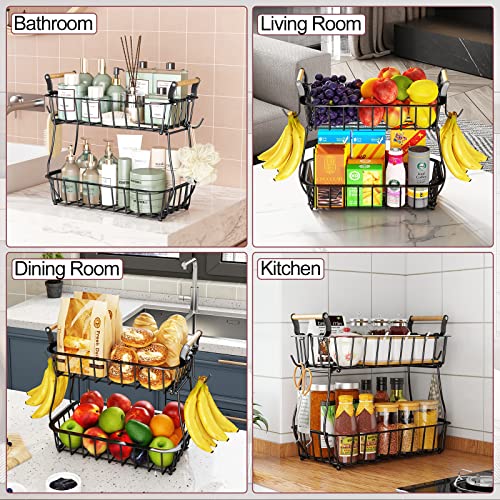 2 Tier Fruit Basket Bowl with 2 Banana Hangers for Kitchen Counter, Metal Countertop Fruits Produce Storage Basket Holder, Large Fruit Vegetable Stand Organizer for Bread Snack Veggies Potato, Black