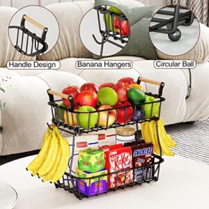 2 Tier Fruit Basket Bowl with 2 Banana Hangers for Kitchen Counter, Metal Countertop Fruits Produce Storage Basket Holder, Large Fruit Vegetable Stand Organizer for Bread Snack Veggies Potato, Black