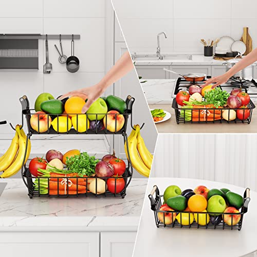 2 Tier Fruit Basket Bowl with 2 Banana Hangers for Kitchen Counter, Metal Countertop Fruits Produce Storage Basket Holder, Large Fruit Vegetable Stand Organizer for Bread Snack Veggies Potato, Black