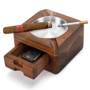 tesonway cigar ashtray, wooden ashtray, square ashtray 4 slots cigar holder with cigar accessories drawer for indoor outdoor patio home office, personalized cigar gifts for men