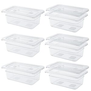 qmeeki 6 pack 1/4 size 4'' deep clear food pans with lids, commercial food pans acrylic transparent food storage containers, stackable plastic pan with capacity scale, restaurant supplies hotel pan