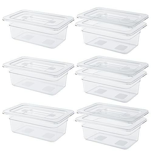 Qmeeki 6 Pack 1/4 Size 4'' Deep Clear Food Pans with Lids, Commercial Food Pans Acrylic Transparent Food Storage Containers, Stackable Plastic Pan with Capacity Scale, Restaurant Supplies Hotel Pan