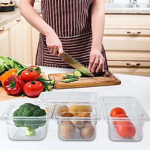 Qmeeki 6 Pack 1/4 Size 4'' Deep Clear Food Pans with Lids, Commercial Food Pans Acrylic Transparent Food Storage Containers, Stackable Plastic Pan with Capacity Scale, Restaurant Supplies Hotel Pan