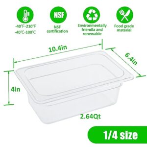 Qmeeki 6 Pack 1/4 Size 4'' Deep Clear Food Pans with Lids, Commercial Food Pans Acrylic Transparent Food Storage Containers, Stackable Plastic Pan with Capacity Scale, Restaurant Supplies Hotel Pan