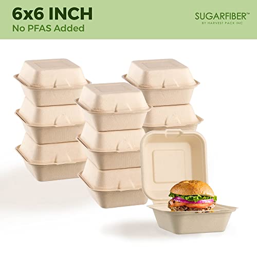 Harvest Pack GOURMET SHOWCASE [50 COUNT Sugarfiber 6 X 6 PFAS FREE Compostable Square Hinged Container, Single Compartment Clamshell Takeout Box, Made from Eco-Friendly Plant Fibers, No PFAS Added