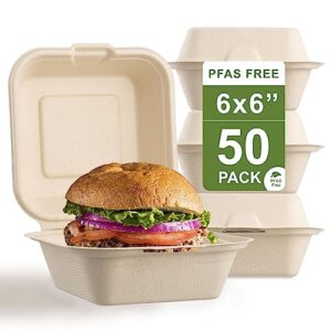 harvest pack gourmet showcase [50 count sugarfiber 6 x 6 pfas free compostable square hinged container, single compartment clamshell takeout box, made from eco-friendly plant fibers, no pfas added