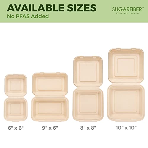 Harvest Pack GOURMET SHOWCASE [50 COUNT Sugarfiber 6 X 6 PFAS FREE Compostable Square Hinged Container, Single Compartment Clamshell Takeout Box, Made from Eco-Friendly Plant Fibers, No PFAS Added