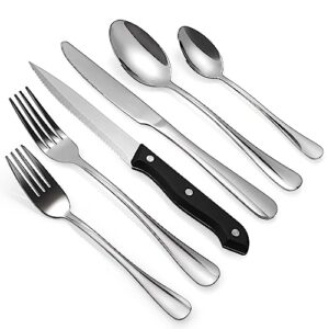 24 piece silverware set, flatware utensils set with steak knives for 4, stainless steel cutlery eating tableware set, include fork kinfe spoon, mirror polished, dishwasher safe