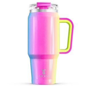 meoky 32 oz tumbler with handle, insulated tumbler with lid and straw, stainless steel travel mug, keeps cold for 24 hours, 100% leak proof, fits in car cup holder (carnival)