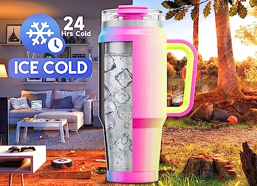 Meoky 32 oz Tumbler with Handle, Insulated Tumbler with Lid and Straw, Stainless Steel Travel Mug, Keeps Cold for 24 Hours, 100% Leak Proof, Fits in Car Cup Holder (Carnival)