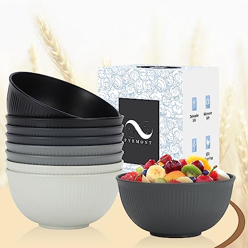 PYRMONT Cereal Bowl Set of 8-26 OZ Unbreakable Lightweight Bowls Set - Microwave and Dishwasher Safe Wheat Straw Bowls for Soup, Oatmeal, Pasta and Salad(Black Grey)