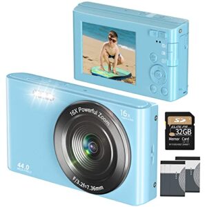 digital camera 4k 44mp with 32gb sd card, 2.4 inch point and shoot camera with 16x digital zoom, compact mini camera kids camera for teens boys girls adults students seniors(dc6-x3 blue1)