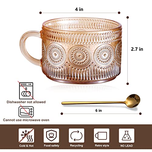 JVJRFQ Vintage Glass Coffee Mugs Set of 2 Amber, Embossed Glass Cups with Bamboo Lids and Spoons, 14 Oz Glass Breakfast Cups for Cappccino, Latte, Cereal, Yogurt, Dessert, Breakfast, Tea