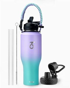 trebo 40oz insulated water bottle that fits in cup holder, stainless steel double wall tumbler bottles with paracord handle, flask with straw spout lids, keep cold for 48 hrs/hot 24 hrs,cotton candy