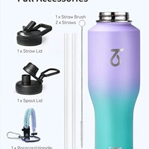 Trebo 40oz Insulated Water Bottle that Fits in Cup Holder, Stainless Steel Double Wall Tumbler Bottles with Paracord Handle, Flask with Straw Spout Lids, Keep Cold for 48 Hrs/Hot 24 Hrs,Cotton Candy