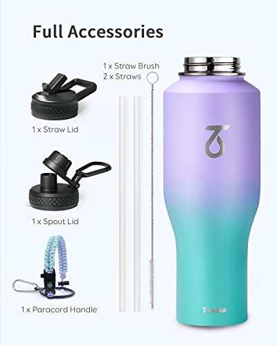 Trebo 40oz Insulated Water Bottle that Fits in Cup Holder, Stainless Steel Double Wall Tumbler Bottles with Paracord Handle, Flask with Straw Spout Lids, Keep Cold for 48 Hrs/Hot 24 Hrs,Cotton Candy