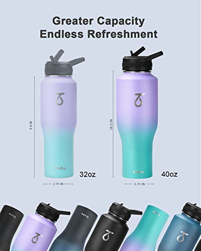 Trebo 40oz Insulated Water Bottle that Fits in Cup Holder, Stainless Steel Double Wall Tumbler Bottles with Paracord Handle, Flask with Straw Spout Lids, Keep Cold for 48 Hrs/Hot 24 Hrs,Cotton Candy