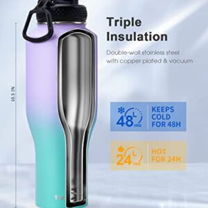 Trebo 40oz Insulated Water Bottle that Fits in Cup Holder, Stainless Steel Double Wall Tumbler Bottles with Paracord Handle, Flask with Straw Spout Lids, Keep Cold for 48 Hrs/Hot 24 Hrs,Cotton Candy