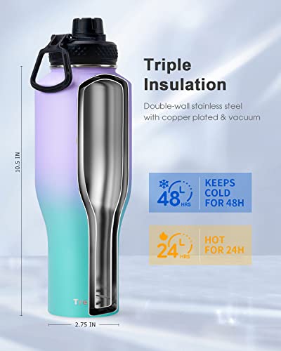 Trebo 40oz Insulated Water Bottle that Fits in Cup Holder, Stainless Steel Double Wall Tumbler Bottles with Paracord Handle, Flask with Straw Spout Lids, Keep Cold for 48 Hrs/Hot 24 Hrs,Cotton Candy