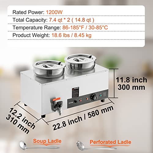 VEVOR Electric Soup Warmer, Dual 7.4QT Stainless Steel Round Pot 86~185°F Adjustable Temp, 1200W Commercial Bain Marie with Anti-Dry Burn and Reset Button, Soup Station for Restaurant, Buffet, Silver
