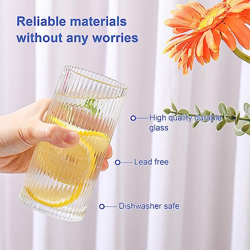 ZMOWIPDL Ribbed Glassware Vintage Drinking Glasses with Straws Set of 6,Clear Fluted Ripple Glass Cups 12.5oz,Ribbed Iced Coffee Cups for Cocktail, Whiskey, Beer, Juice, Water