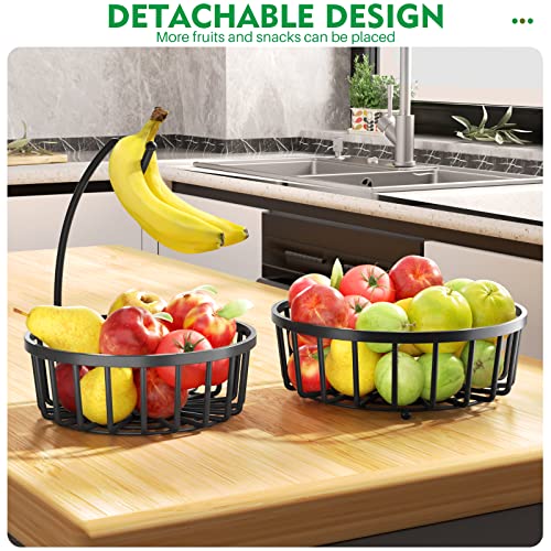 YFXCVSL 2 Tier Fruit Basket with Banana Tree Hanger, Countertop Fruit Vegetable Basket Bowl for Kitchen, Metal Wire Storage Basket Fruits Stand Holder Organizer for Bread Veggies Produce, Black