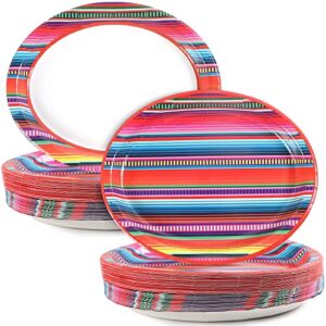 50 pcs mexican serape fiesta oval paper plates 11" large disposable colorful stripes mexico platters, dish tray for mayo fiestas dance pinata mexico taco colorful ponchos dinner party tableware