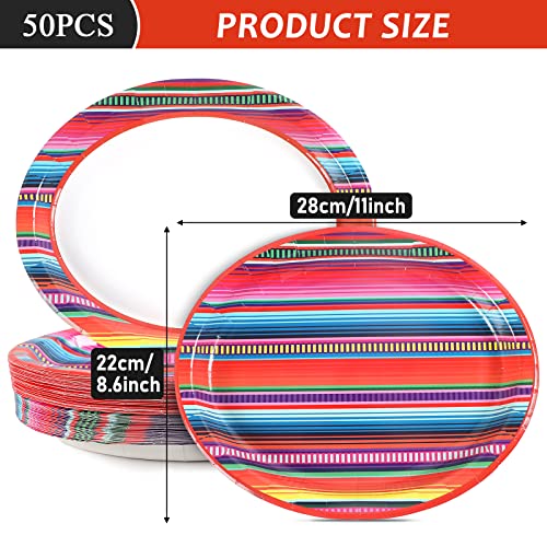 50 PCS Mexican Serape Fiesta Oval Paper Plates 11" Large Disposable Colorful Stripes Mexico Platters, Dish Tray for Mayo Fiestas Dance Pinata Mexico Taco Colorful Ponchos Dinner Party Tableware