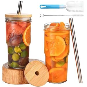 syouacend 2 pack 24oz glass tumbler cup with bamboo lid and straw, reusable mason jar drinking glasses iced coffee cup, wide mouth glass bottle for bubble tea, smoothies, juice, with 2 cleaning brush