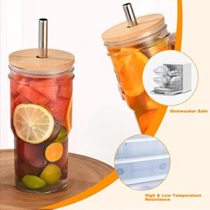 SYOUACEND 2 Pack 24oz Glass Tumbler Cup with Bamboo Lid and Straw, Reusable Mason Jar Drinking Glasses Iced Coffee Cup, Wide Mouth Glass Bottle for Bubble Tea, Smoothies, Juice, with 2 Cleaning Brush