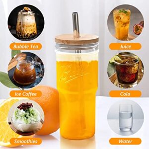 SYOUACEND 2 Pack 24oz Glass Tumbler Cup with Bamboo Lid and Straw, Reusable Mason Jar Drinking Glasses Iced Coffee Cup, Wide Mouth Glass Bottle for Bubble Tea, Smoothies, Juice, with 2 Cleaning Brush