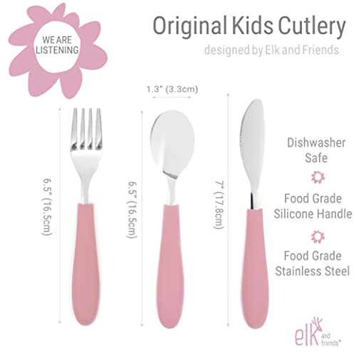 Elk and Friends Kids Silverware with Silicone Handle | Childrens Safe Flatware | Kids Utensils | Spoon + Fork + Knife set | 4 years+ | 6 Pieces