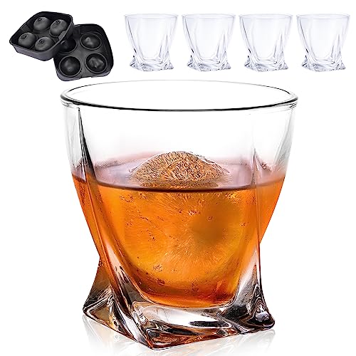 CUCUMI 4pcs 10oz Whiskey Rocks Glasses Old Fashioned Cocktail Glasses,Sphere Ice Molds, for Bourbon Scotch Drinking Bar Glassware Gifts