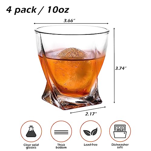 CUCUMI 4pcs 10oz Whiskey Rocks Glasses Old Fashioned Cocktail Glasses,Sphere Ice Molds, for Bourbon Scotch Drinking Bar Glassware Gifts